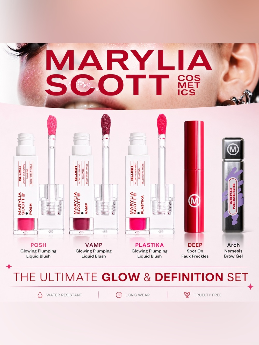 NEW✅ Marylia Scott 5-Pc Makeup Bundle GLUSH Blushes + Brow Gel & Faux Freckles